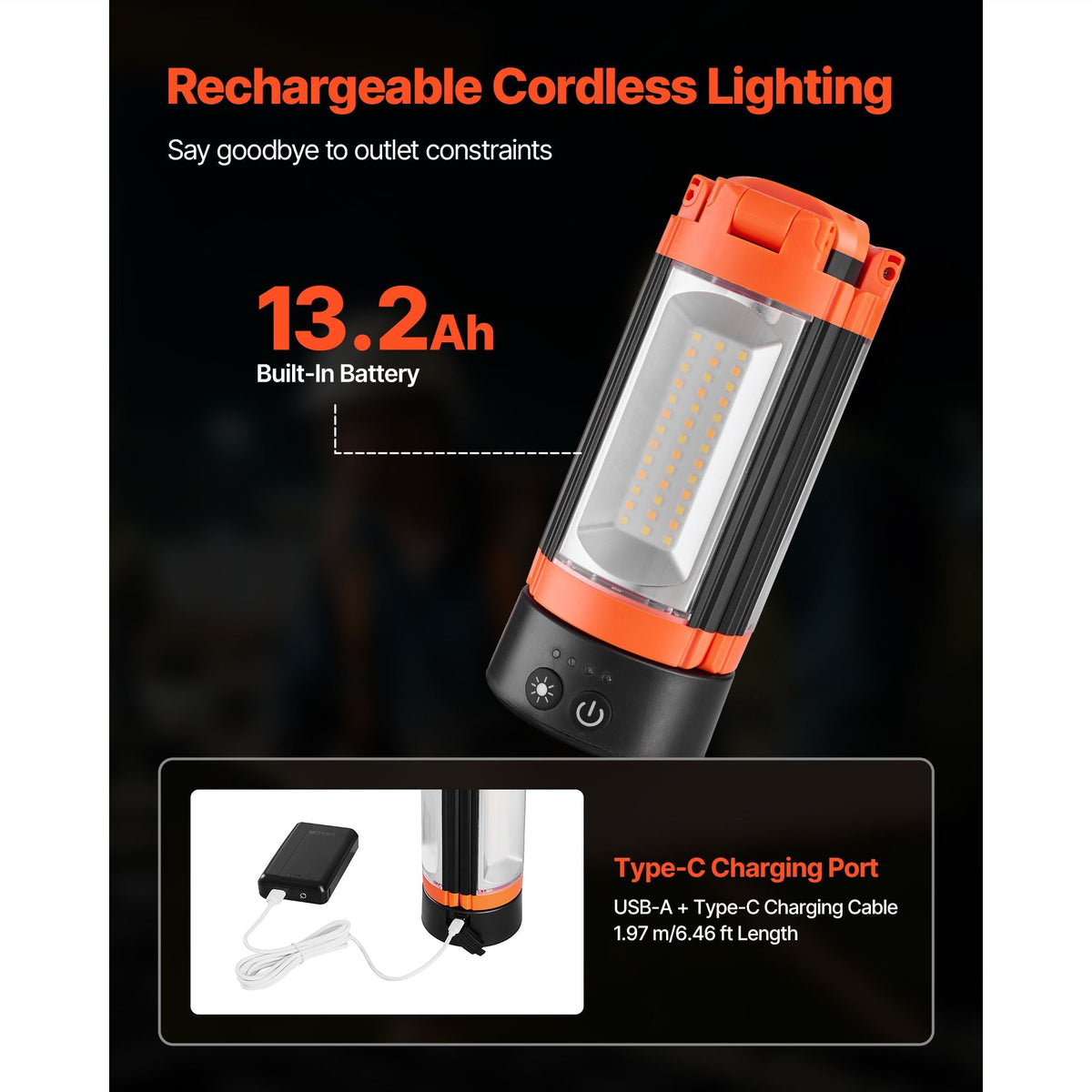 LED Work Light with Stand, 13.2Ah, Rechargeable Cordless Camping Light, with 3 Lamp Heads, Detachable Tripod Stand, 2200 Lumens 3000K-6500K Dimmable, Portable Construction Lighting for Job Site