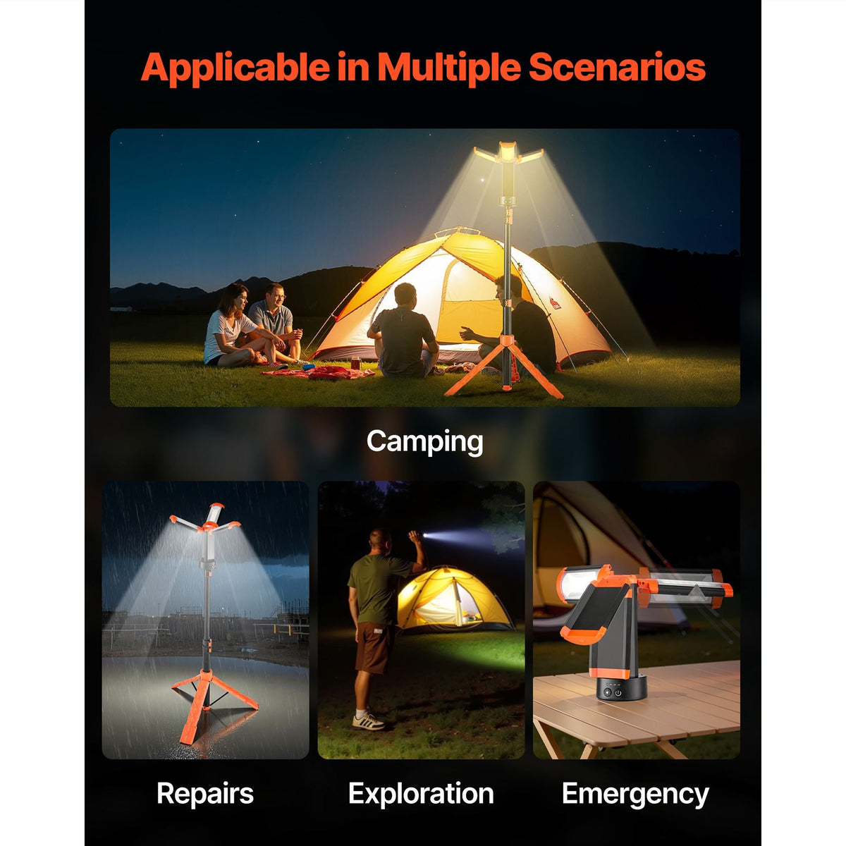 LED Work Light with Stand, 6Ah, Rechargeable Cordless Camping Light, with 3 Lamp Heads, Detachable Tripod Stand, 2200 Lumens 3000K-6500K Dimmable, Portable Construction Lighting for Job Site