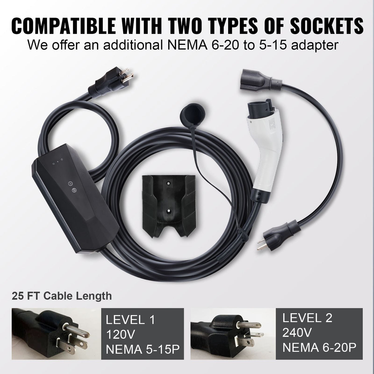 Level 1+2 Portable EV Charger, 16 Amp 120V or 240V, Electric Vehicle Charger with 28-Foot Charging Cable NEMA 6-20P Plug NEMA 5-15 Adapter, Plug-in Home EV Charging Station for SAE J1772 EVs