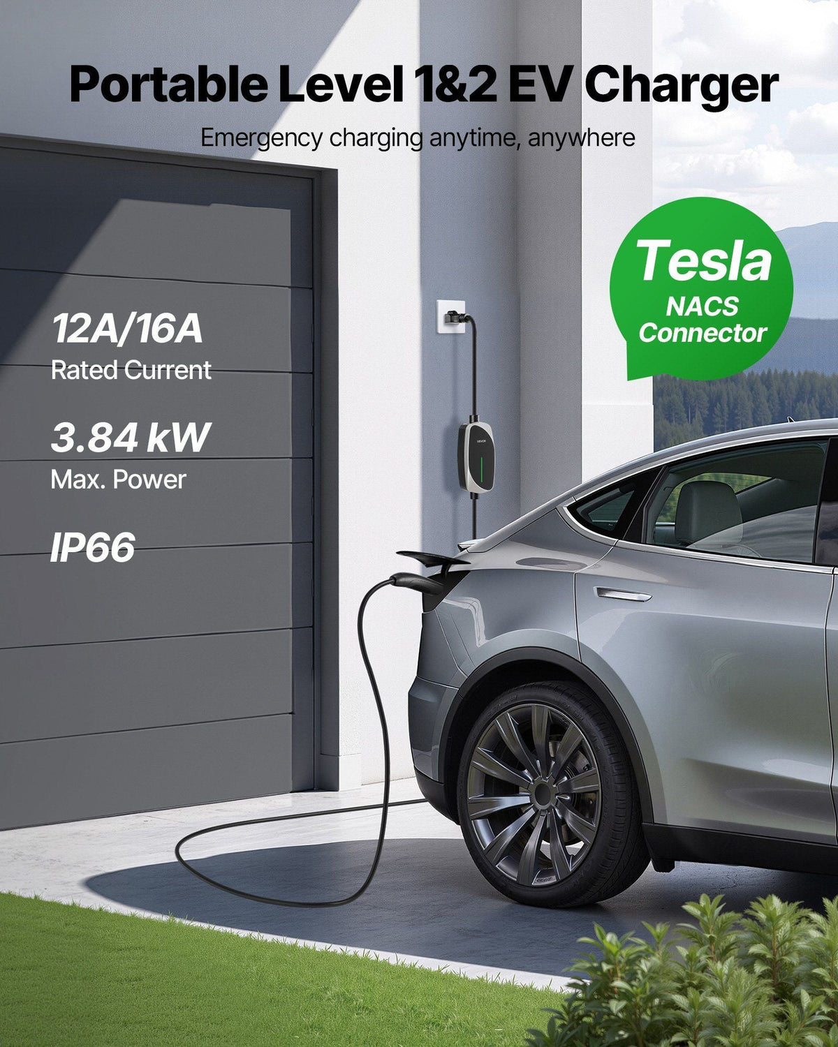 Level 1/2 Tesla Charger, 16 Amp, Portable Electric Car EV Charger with 25 ft Charging Cable, 120V-240V, NEMA 6-20P Plug NEMA 5-15 Adapter, LED Indicator, NACS Connector for Tesla Model Y/X/3/S