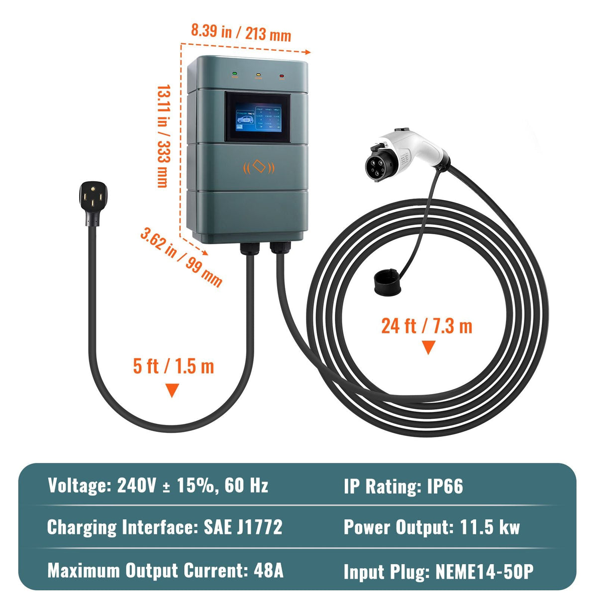 Level 2 Electric Vehicle Charging Station, 0-48A Adjustable, 11.5 kW 240V NEMA14-50 Plug Smart EV Charger with WiFi, 24-Foot TPE Charging Cable for Indoor/Outdoor Use, ETL & Energy Star Certifie
