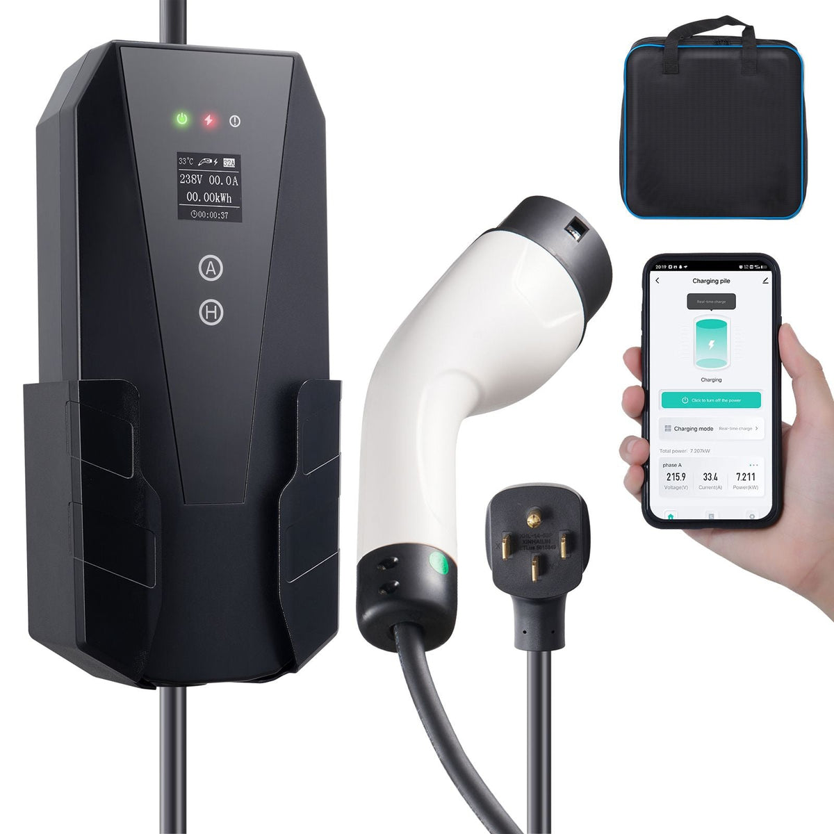 Level 2 Portable EV Charger, 32 Amp 240V, Electric Vehicle Charger with 28 ft Charging Cable NEMA 14-50P Plug, 16/20/24/32A Adjustable Current Plug-in Home EV Charging Station for SAE J1772 EVs