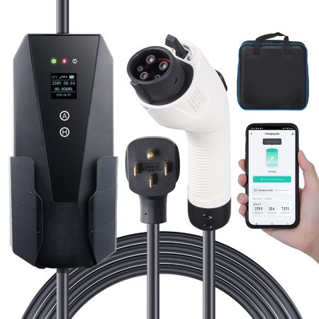 Level 2 Portable EV Charger, 32 Amp 240V, Electric Vehicle Charger with 28 ft Charging Cable NEMA 14-50P Plug, 16/20/24/32A Adjustable Current Plug-in Home EV Charging Station for SAE J1772 EVs