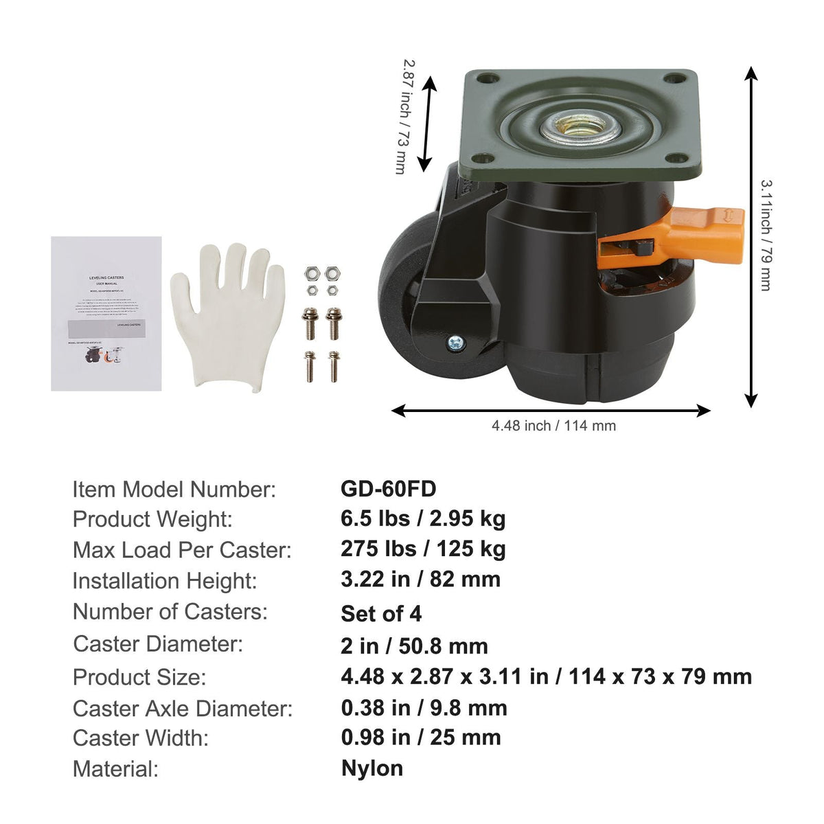 Leveling Casters, 4-Pack Heavy Duty 360° Swivel Caster Wheels Hold up to 1100 lbs Load, 2 inches Caster Diameter, Adjustable Casters with Upgraded Handle Design and Feet for Workbench & Machine