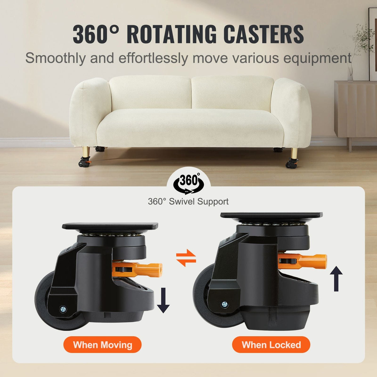 Leveling Casters, Set of 4, 2200 lbs Total Load Capacity, 2.5 inches, Heavy Duty with Upgraded Handle Design, 360 Degree Swivel Caster Wheels, Adjustable Casters with Feet for Workbench, Machine