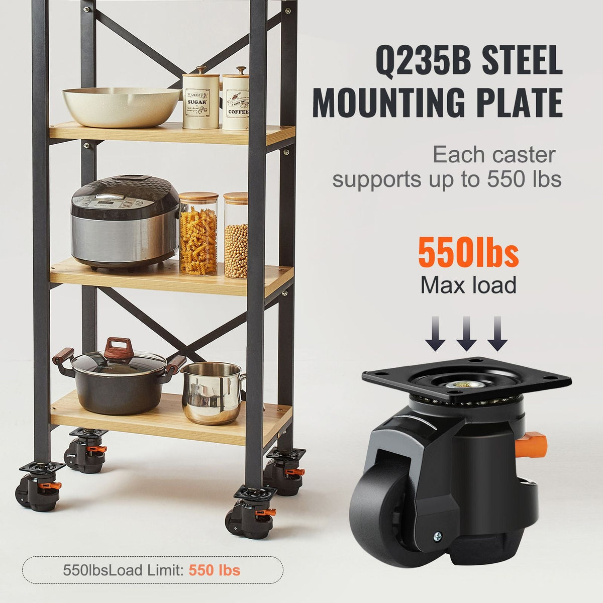 Leveling Casters, Set of 4, 2200 lbs Total Load Capacity, 2.5 inches, Heavy Duty with Upgraded Handle Design, 360 Degree Swivel Caster Wheels, Adjustable Casters with Feet for Workbench, Machine