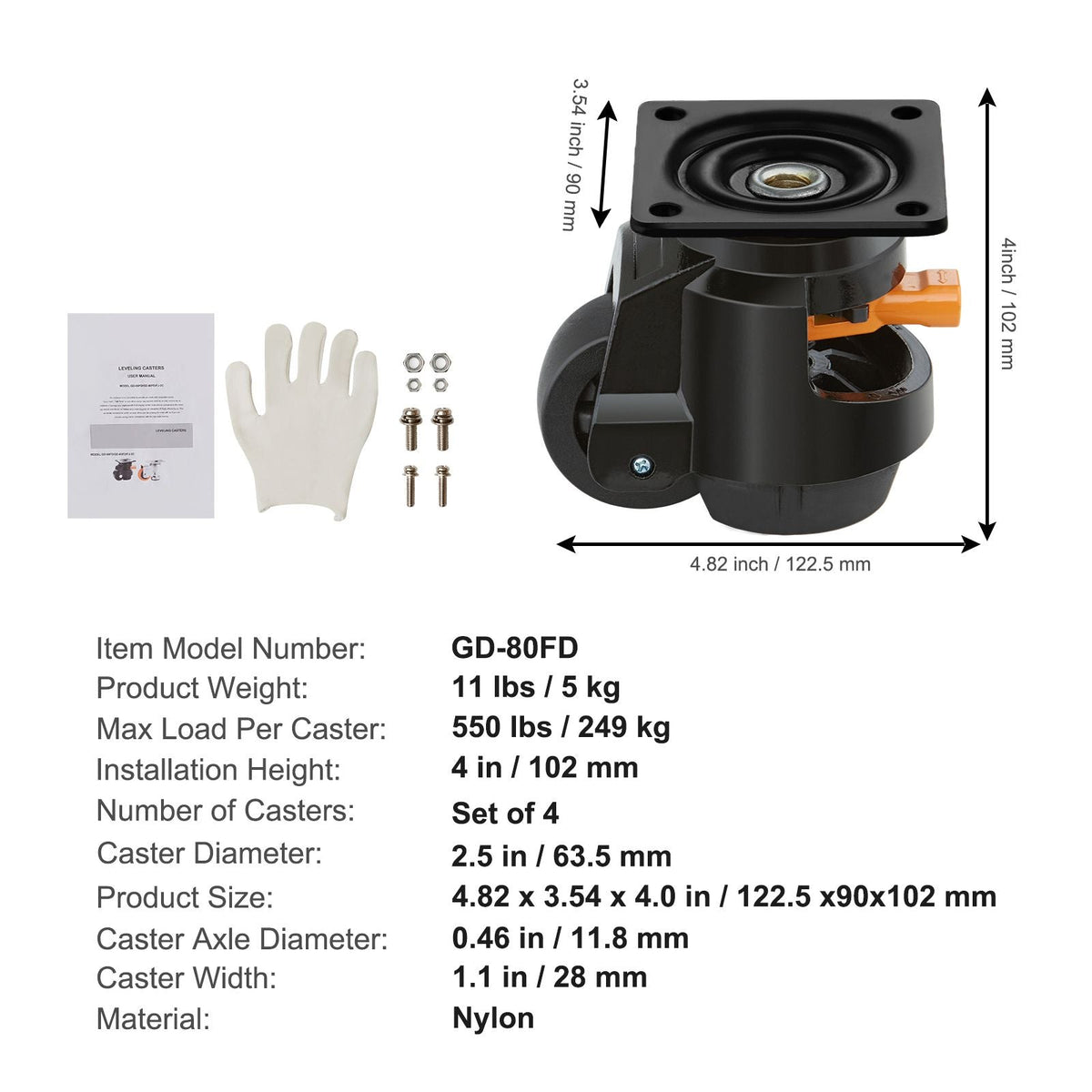 Leveling Casters, Set of 4, 2200 lbs Total Load Capacity, 2.5 inches, Heavy Duty with Upgraded Handle Design, 360 Degree Swivel Caster Wheels, Adjustable Casters with Feet for Workbench, Machine