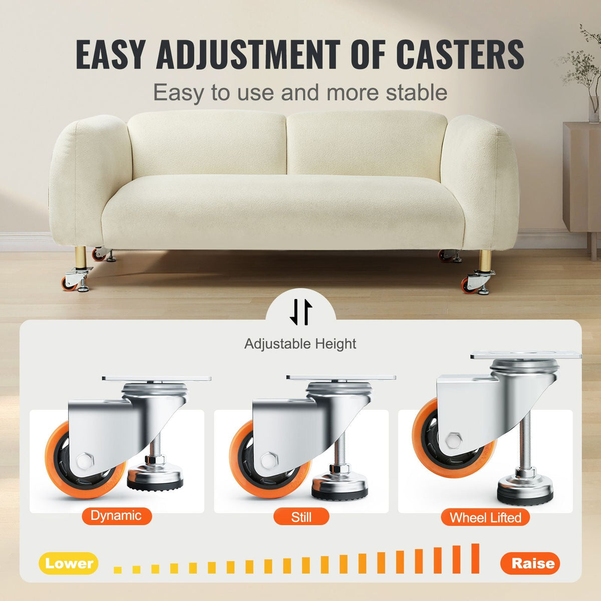 Leveling Casters, Set of 4, 720 lbs Total Load Capacity, 3 inches Diameter, Heavy Duty 360 Degree Swivel Caster Wheels, Adjustable Casters with Feet for Workbench, Machine, Equipment, Furniture