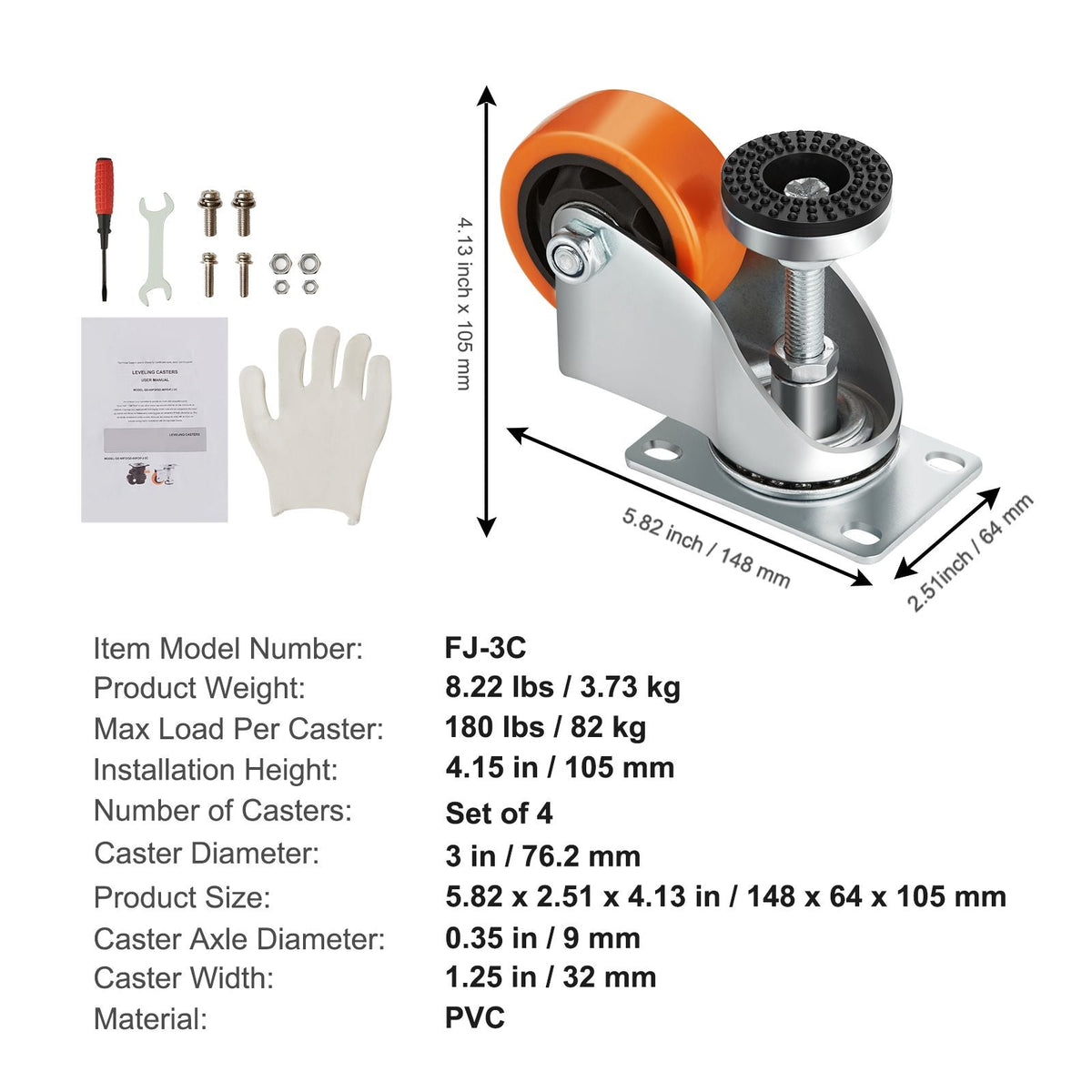 Leveling Casters, Set of 4, 720 lbs Total Load Capacity, 3 inches Diameter, Heavy Duty 360 Degree Swivel Caster Wheels, Adjustable Casters with Feet for Workbench, Machine, Equipment, Furniture