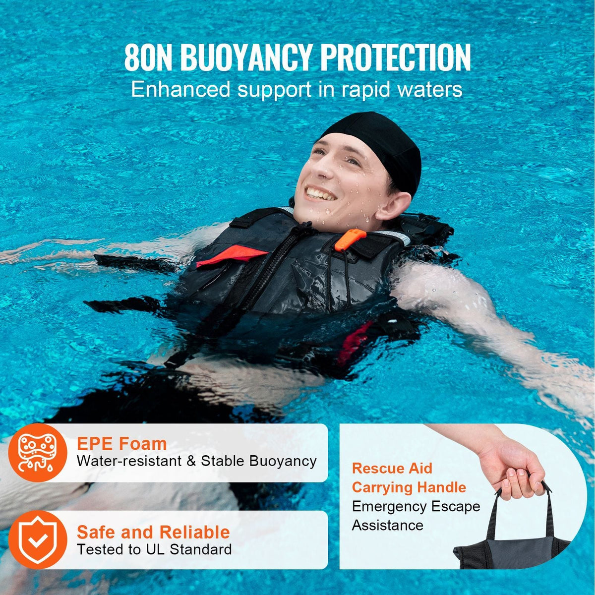 Life Vest for Watersports (PFD), Life Jacket with Waterproof Nylon & 80N Buoyancy, Life Vest/Jacket for Any Water Activity-Fishing, Kayaking, Surfing and More, Men and Women S
