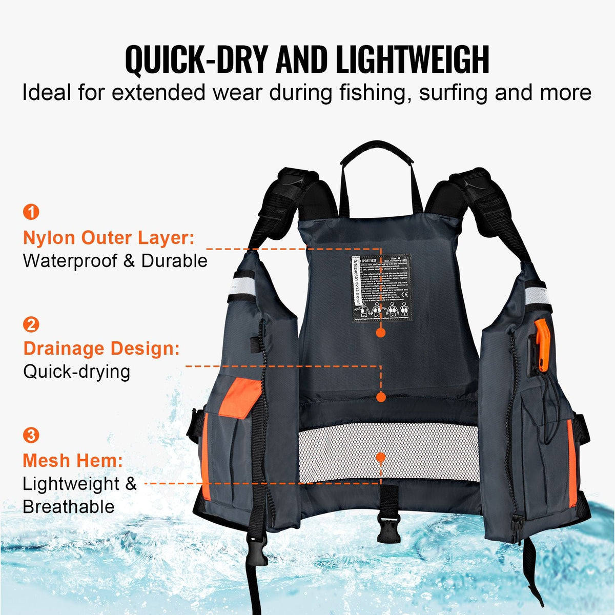 Life Vest for Watersports (PFD), Life Jacket with Waterproof Nylon & 85N Buoyancy, Life Vest/Jacket for Any Water Activity-Fishing, Kayaking, Surfing and More, Men and Women M