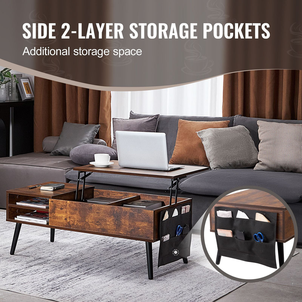 Lift Top Coffee Table, 39.4 in Rectangle Coffee Table with Extra Storage Pockets, Pop Up Coffee Table for Living Room, Brown