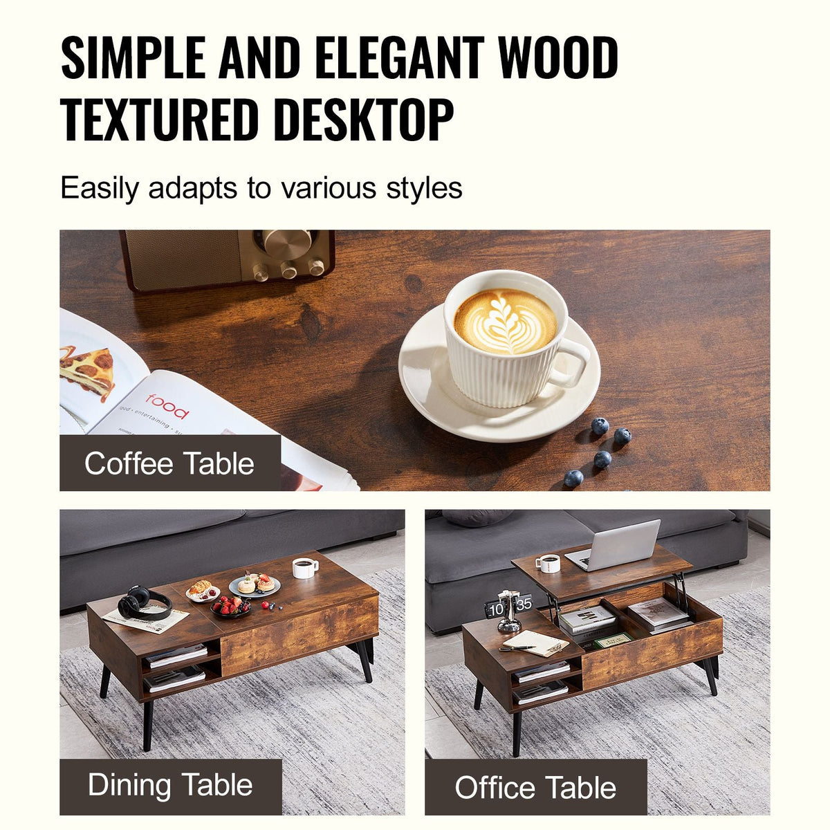 Lift Top Coffee Table, 39.4 in Rectangle Coffee Table with Extra Storage Pockets, Pop Up Coffee Table for Living Room, Brown