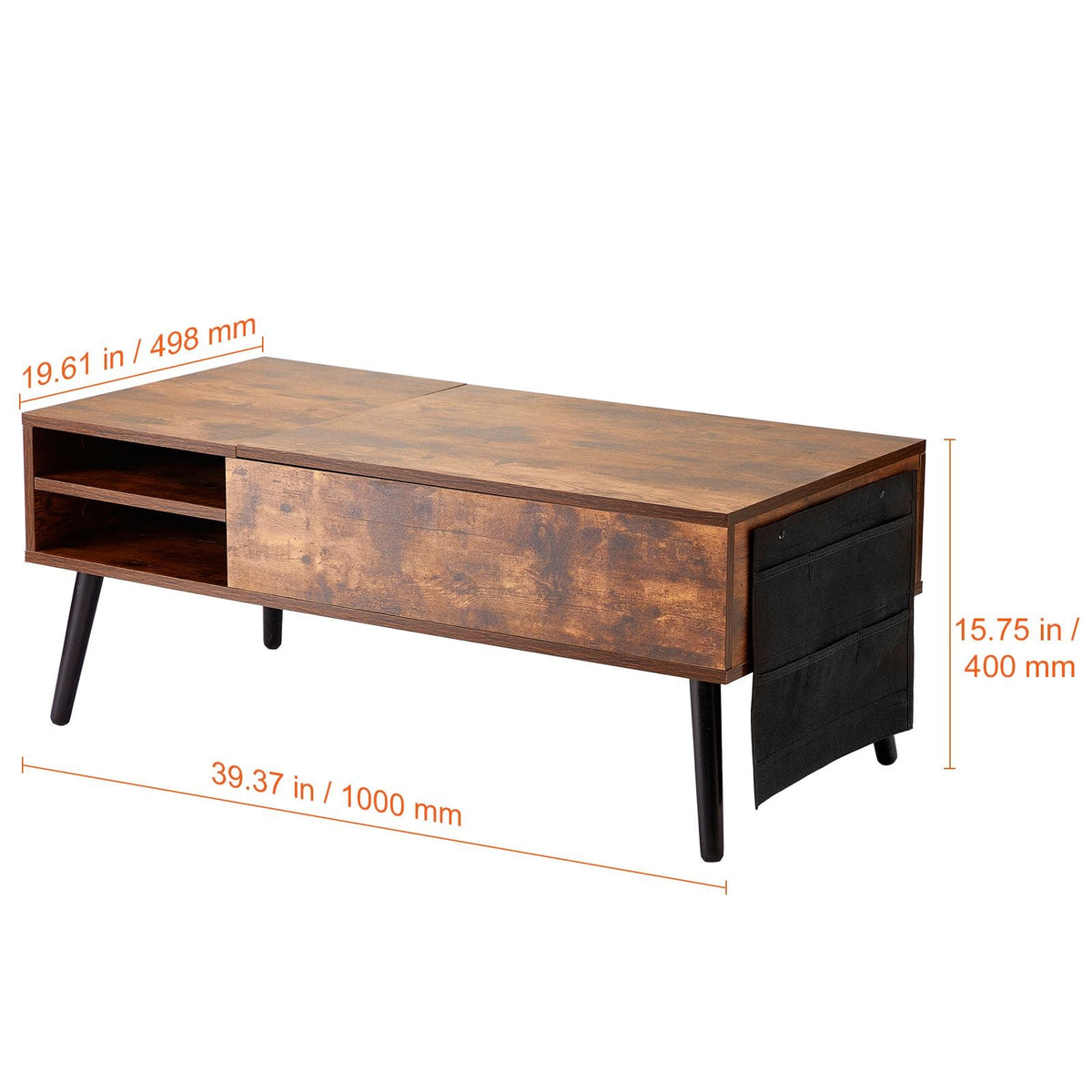 Lift Top Coffee Table, 39.4 in Rectangle Coffee Table with Extra Storage Pockets, Pop Up Coffee Table for Living Room, Brown