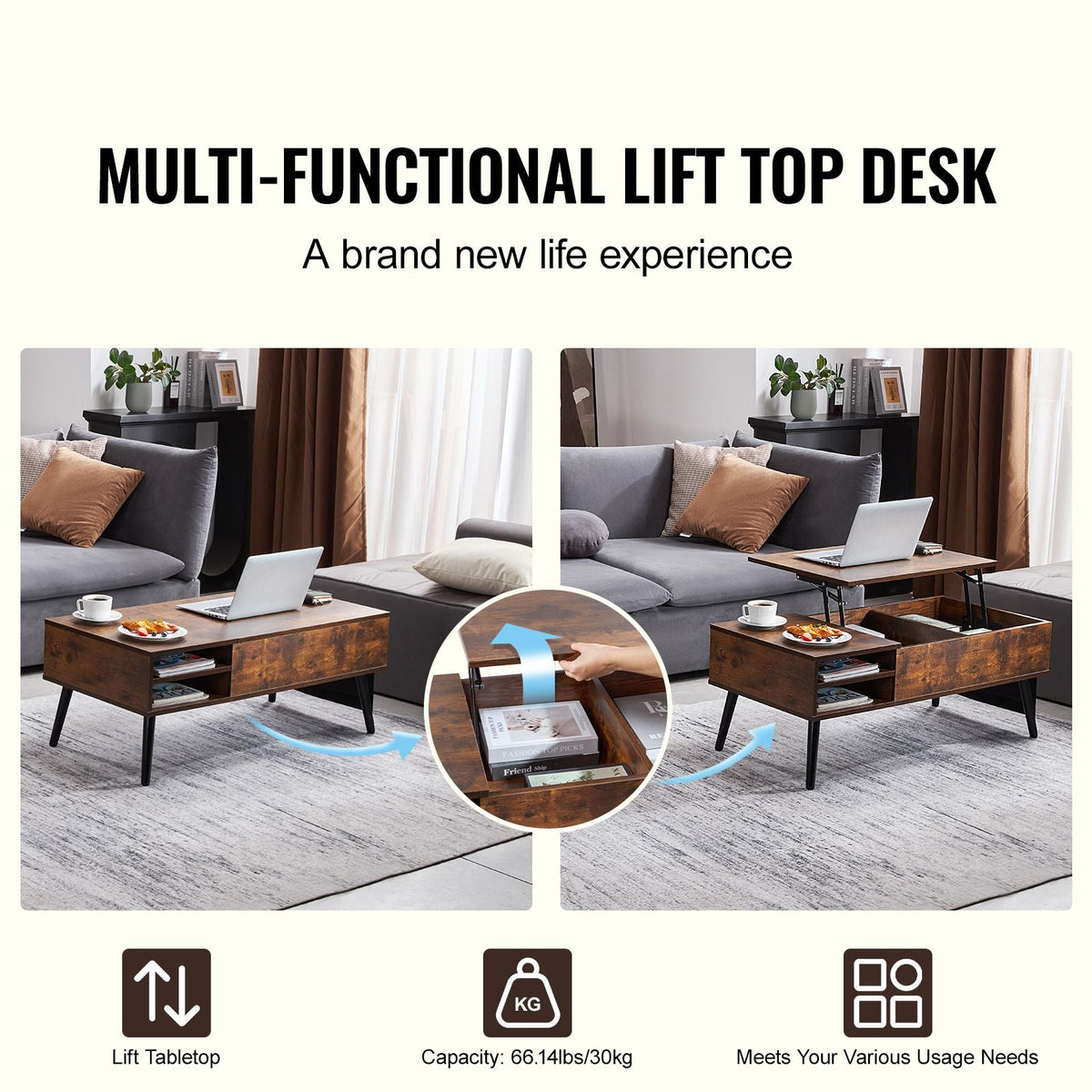Lift Top Coffee Table, 39.4 in Rectangle Coffee Table with Extra Storage Pockets, Pop Up Coffee Table for Living Room, Brown