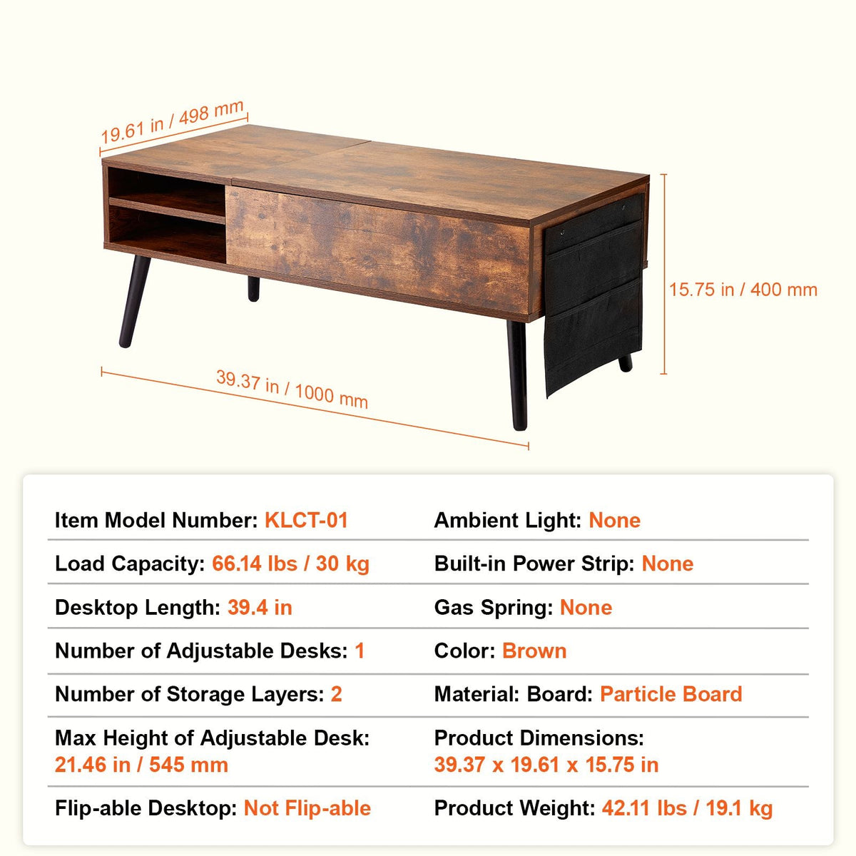 Lift Top Coffee Table, 39.4 in Rectangle Coffee Table with Extra Storage Pockets, Pop Up Coffee Table for Living Room, Brown