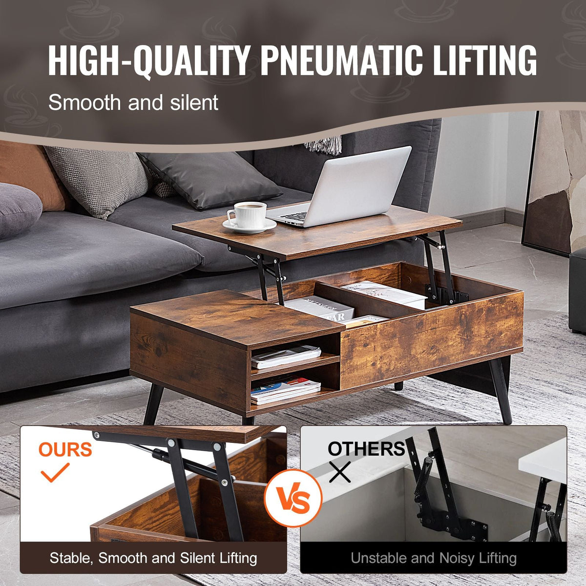 Lift Top Coffee Table, 39.4 in Rectangle Coffee Table with Extra Storage Pockets, Pop Up Coffee Table for Living Room, Brown
