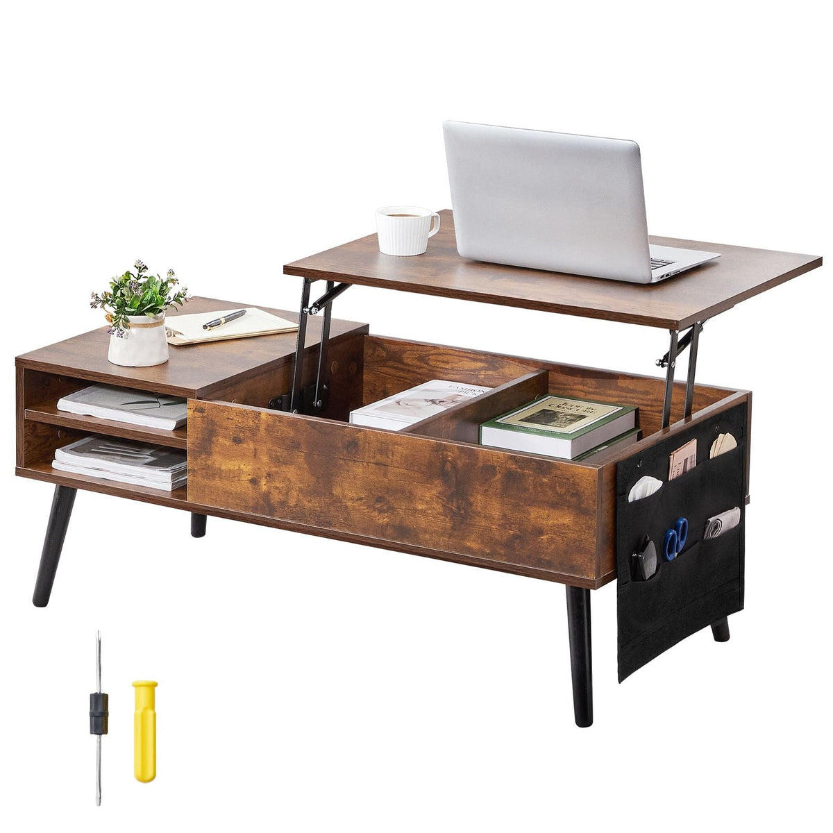 Lift Top Coffee Table, 39.4 in Rectangle Coffee Table with Extra Storage Pockets, Pop Up Coffee Table for Living Room, Brown