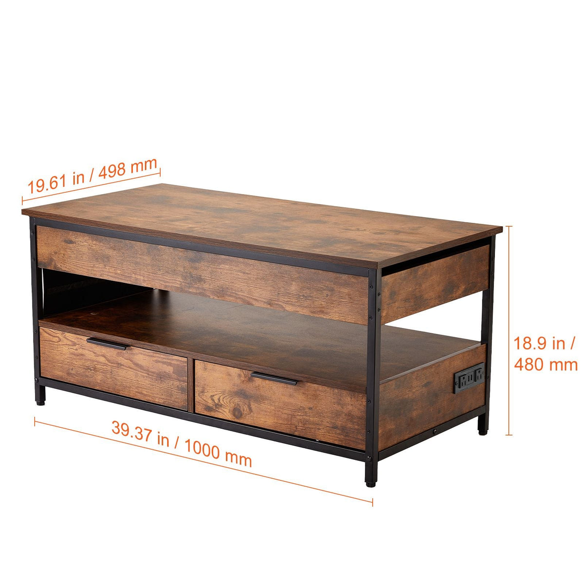 Lift Top Coffee Table, 39.4 in Rectangle Coffee Table with Extra Storage Pockets, Pop Up Coffee Table with Power Strip & USB & Ambient Lighting for Living Room, Brown