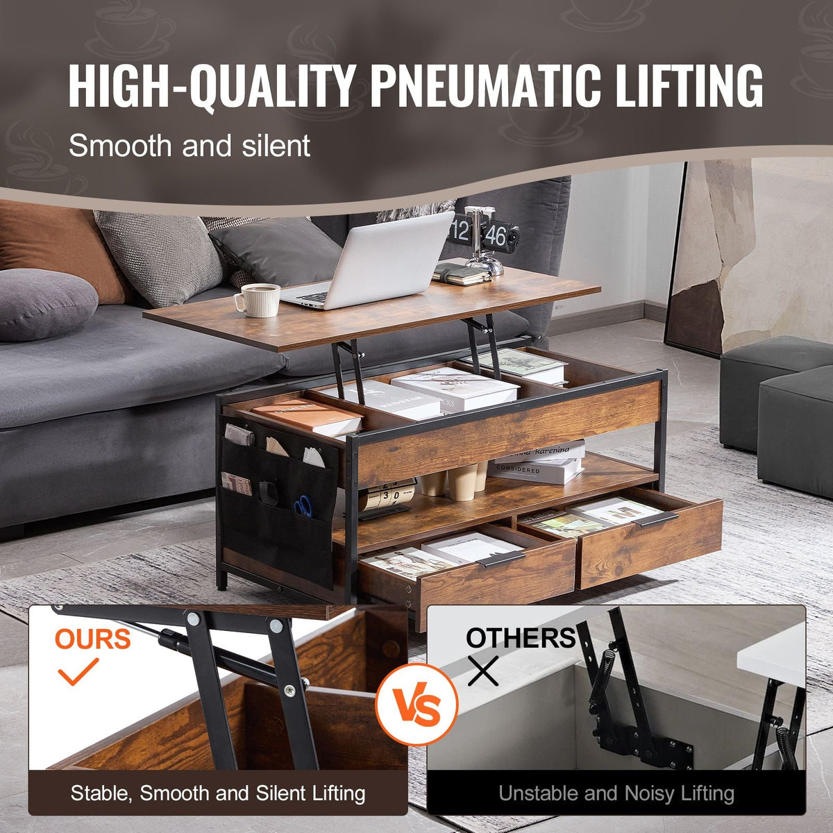 Lift Top Coffee Table, 39.4 in Rectangle Coffee Table with Extra Storage Pockets, Pop Up Coffee Table with Power Strip & USB & Ambient Lighting for Living Room, Brown