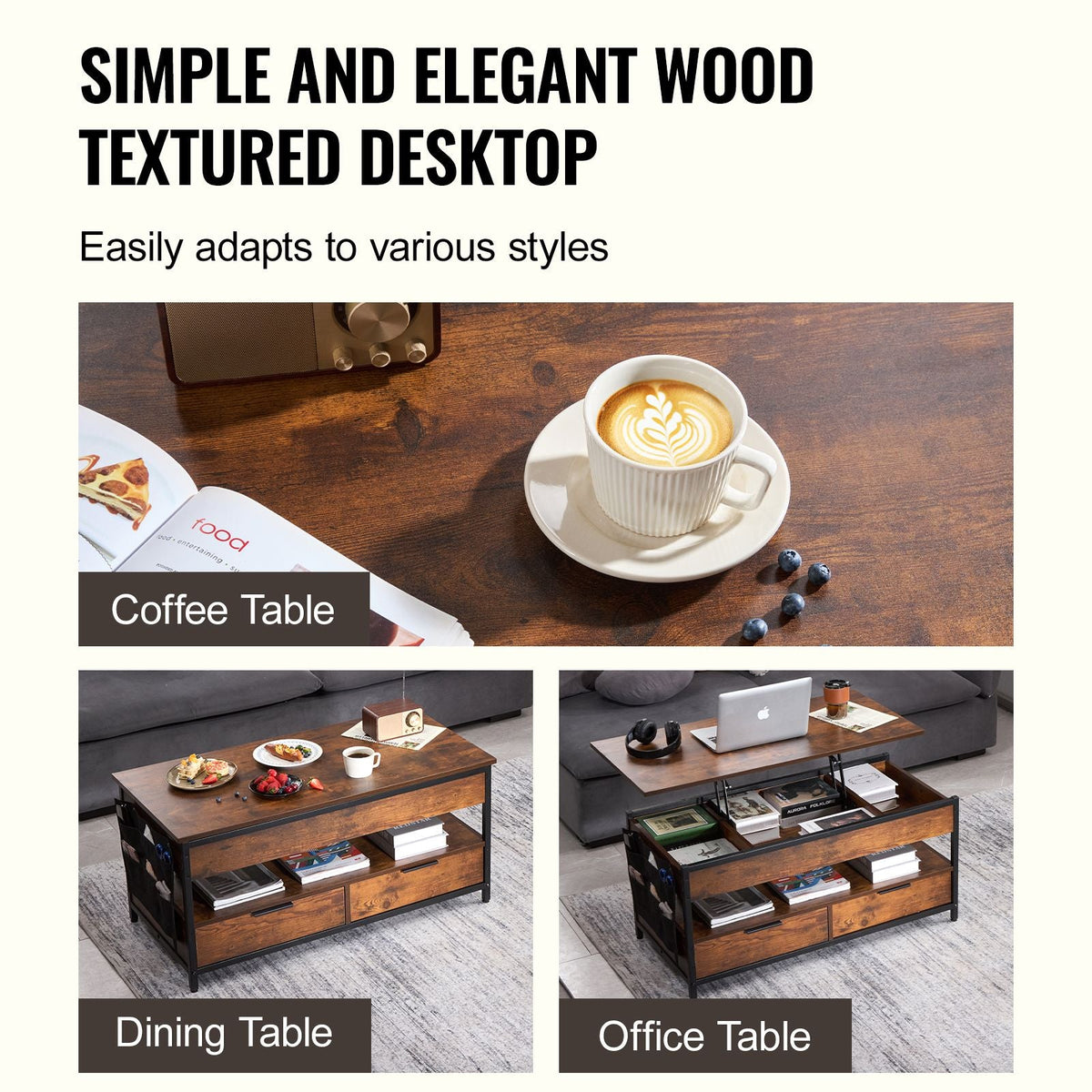 Lift Top Coffee Table, 39.4 in Rectangle Coffee Table with Extra Storage Pockets, Pop Up Coffee Table with Power Strip & USB & Ambient Lighting for Living Room, Brown