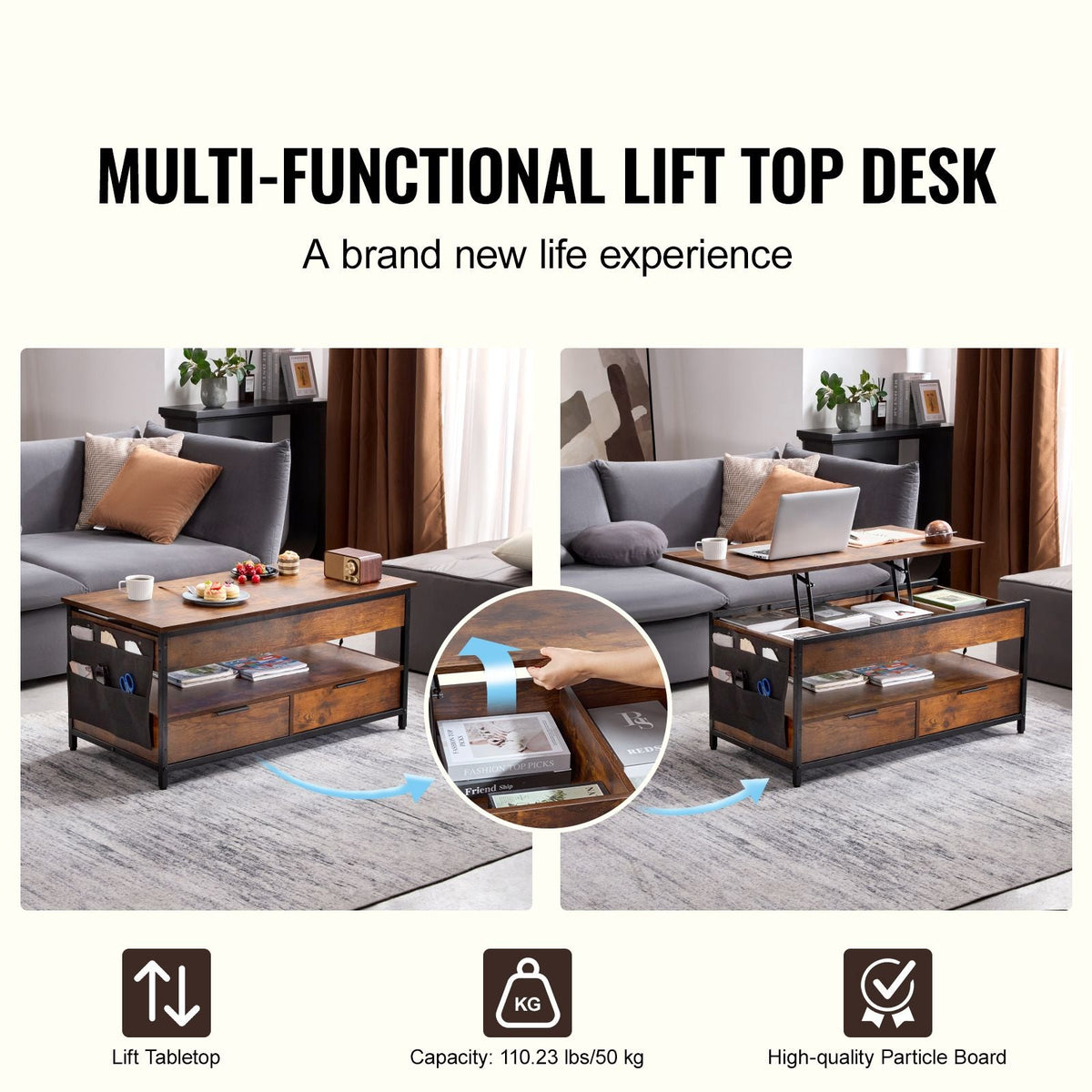 Lift Top Coffee Table, 39.4 in Rectangle Coffee Table with Extra Storage Pockets, Pop Up Coffee Table with Power Strip & USB & Ambient Lighting for Living Room, Brown