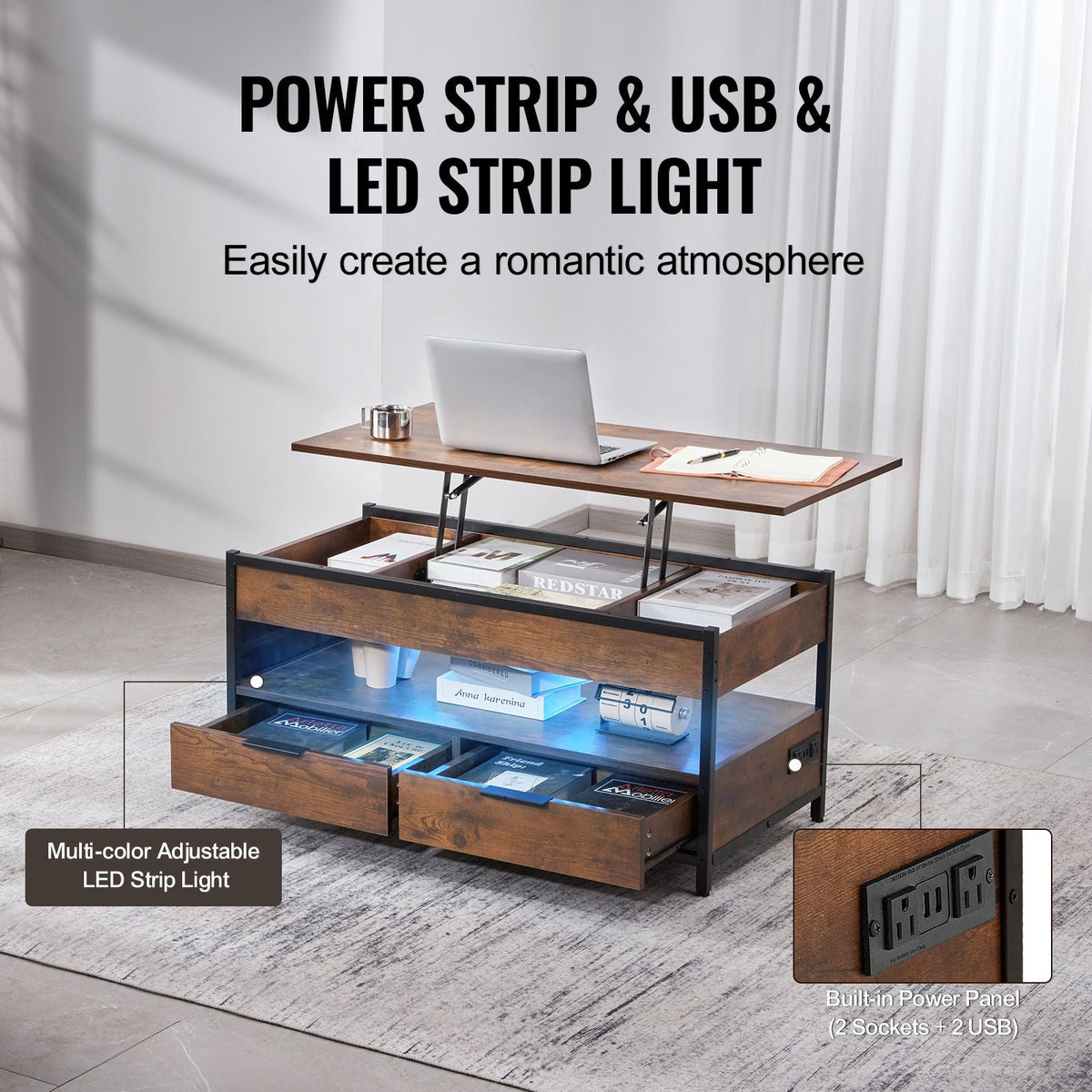 Lift Top Coffee Table, 39.4 in Rectangle Coffee Table with Extra Storage Pockets, Pop Up Coffee Table with Power Strip & USB & Ambient Lighting for Living Room, Brown
