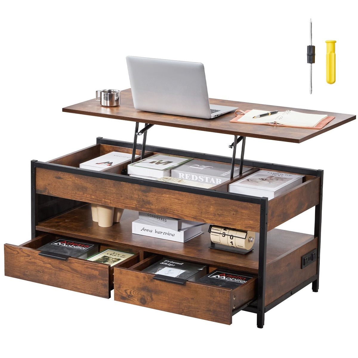 Lift Top Coffee Table, 39.4 in Rectangle Coffee Table with Extra Storage Pockets, Pop Up Coffee Table with Power Strip & USB & Ambient Lighting for Living Room, Brown