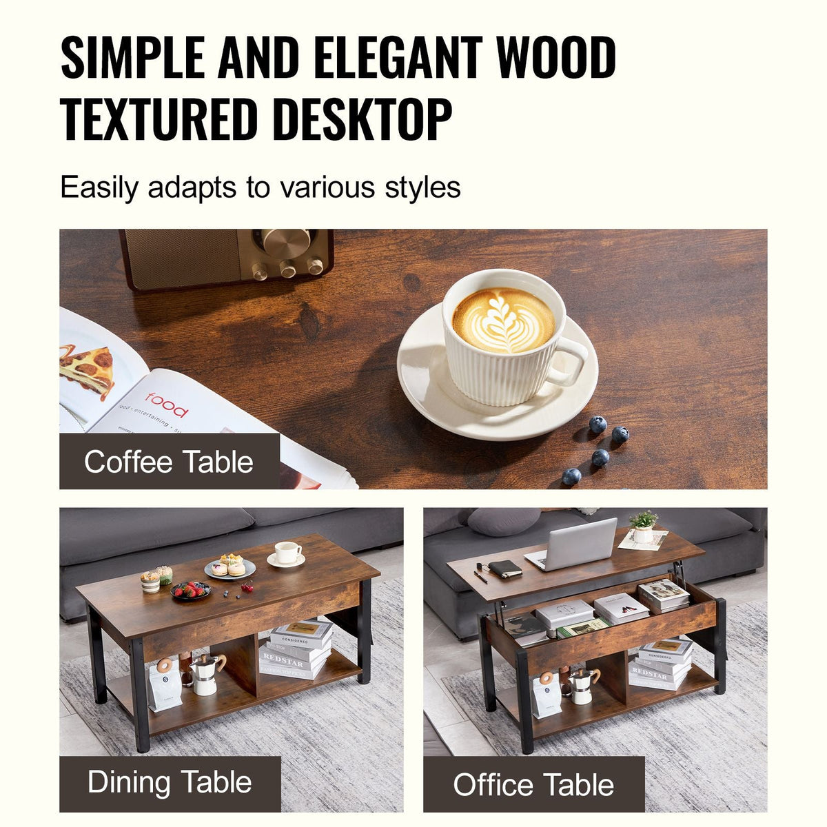 Lift Top Coffee Table, 41.7 in Rectangle Coffee Table with Extra Storage Pockets, Pop Up Coffee Table for Living Room, Brown
