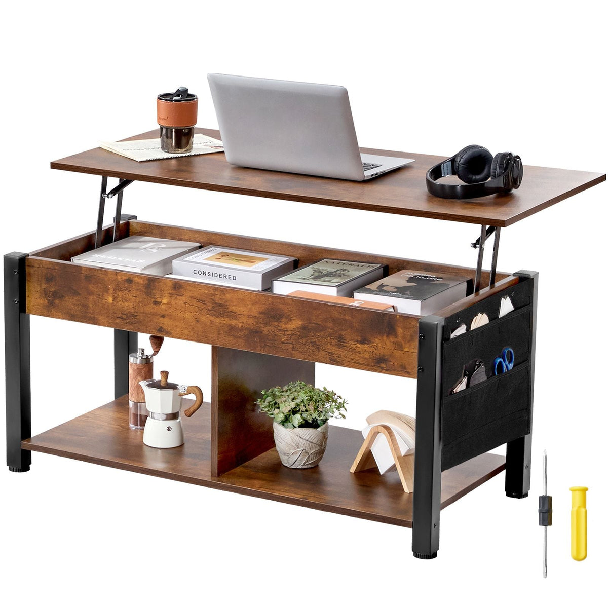 Lift Top Coffee Table, 41.7 in Rectangle Coffee Table with Extra Storage Pockets, Pop Up Coffee Table for Living Room, Brown