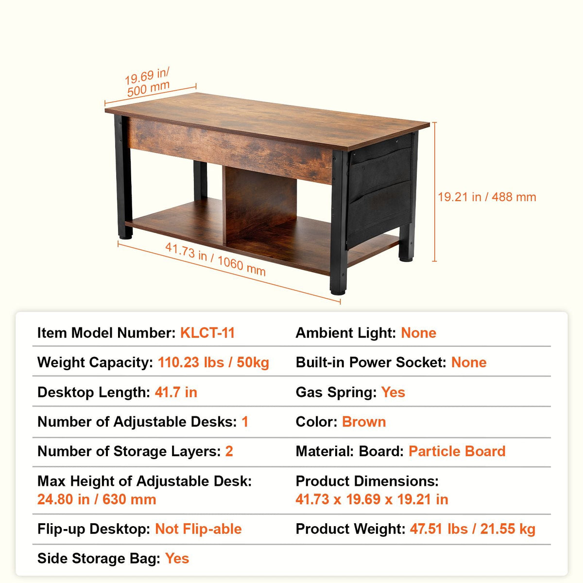Lift Top Coffee Table, 41.7 in Rectangle Coffee Table with Extra Storage Pockets, Pop Up Coffee Table for Living Room, Brown