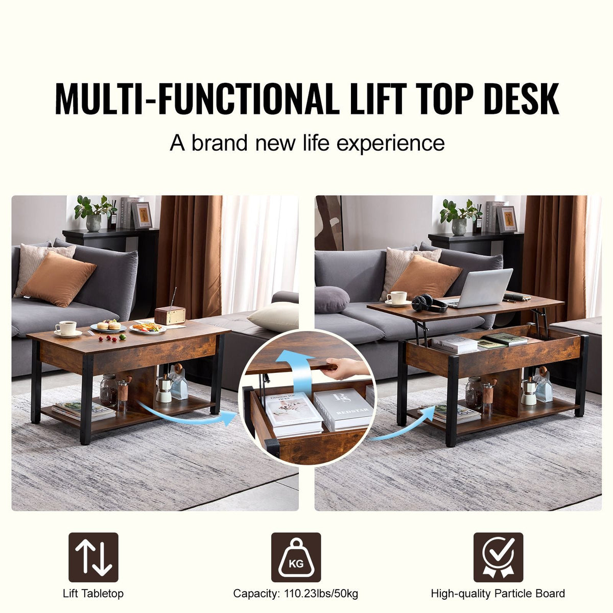 Lift Top Coffee Table, 41.7 in Rectangle Coffee Table with Extra Storage Pockets, Pop Up Coffee Table for Living Room, Brown