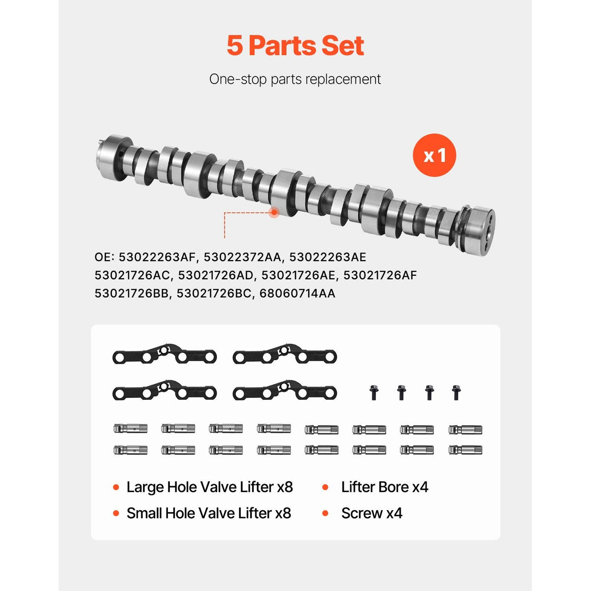 Lifter Camshaft Kit, 5-Piece Set, Gray Cast Iron Engine Cam, for 2009-2019 Dodge Ram 1500 5.7L, 2009 Dodge Durango 5.7L, Fits V8 5.7L Engines, Trucks / Large SUVs