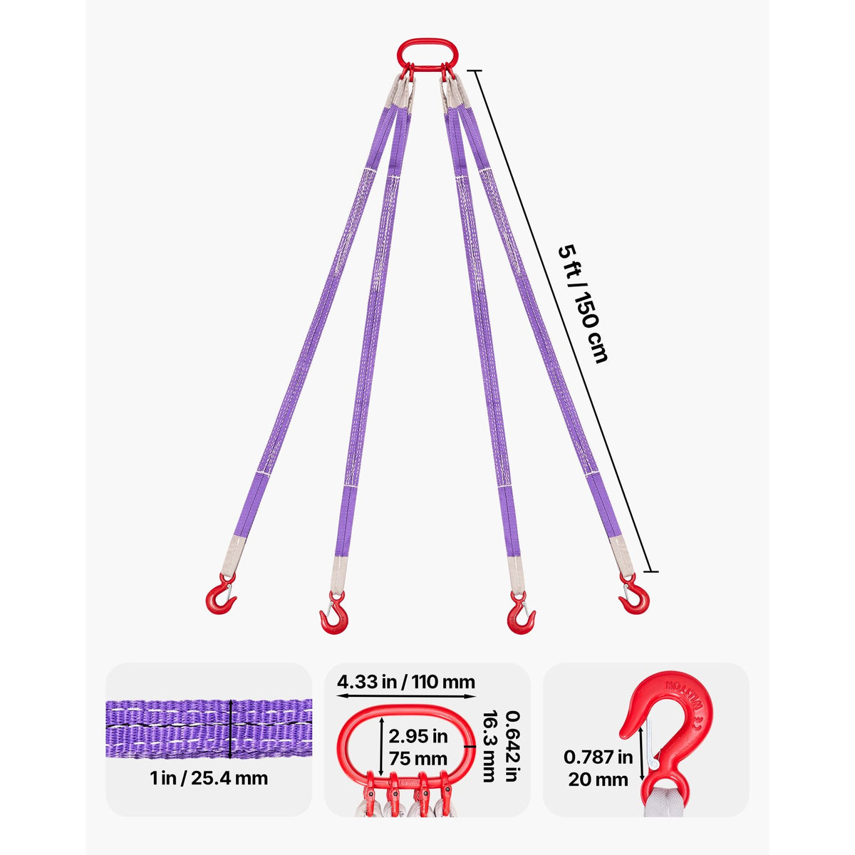 Lifting Sling Straps, Four Leg Polyester Bridle Sling with Hooks, 6600LB Capacity, 5Ft Heavy Duty Rigging Strap, Thickened & Wear-Resistant Webbing Slings for Engines Cranes Hoists Truck