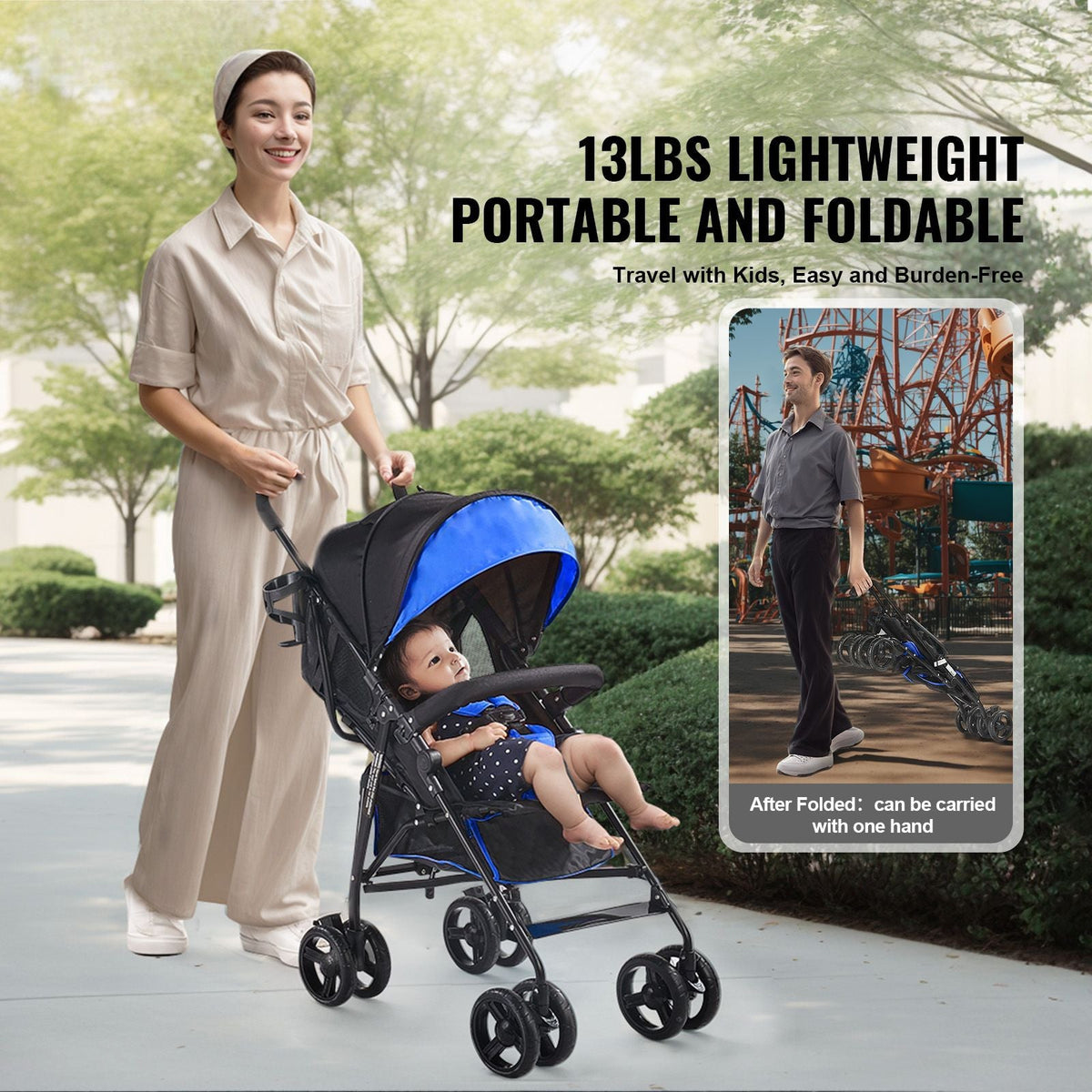 Lightweight Stroller, Compact Easy Fold MultiPosition Recline Canopy Backrest, Carbon Steel Frame, Large Storage Basket, Umbrella Toddler Baby Stroller for Travel and More, Black/Blue