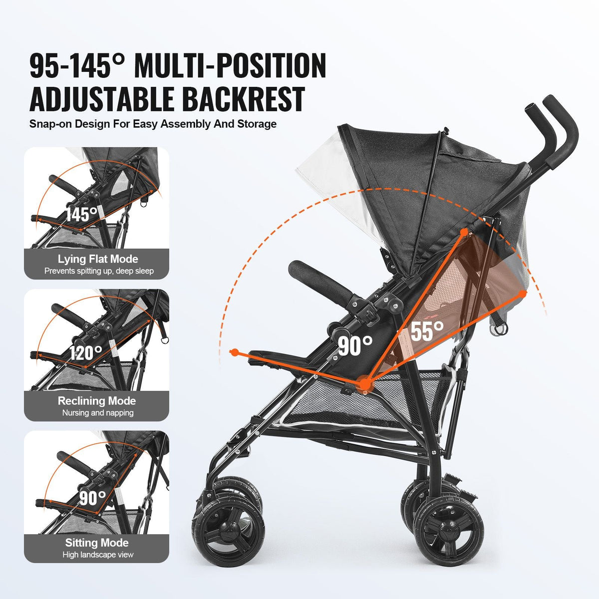 Lightweight Stroller, Compact Easy Fold MultiPosition Recline Canopy Backrest, Carbon Steel Frame, Large Storage Basket, Umbrella Toddler Baby Stroller for Travel and More, Black/White