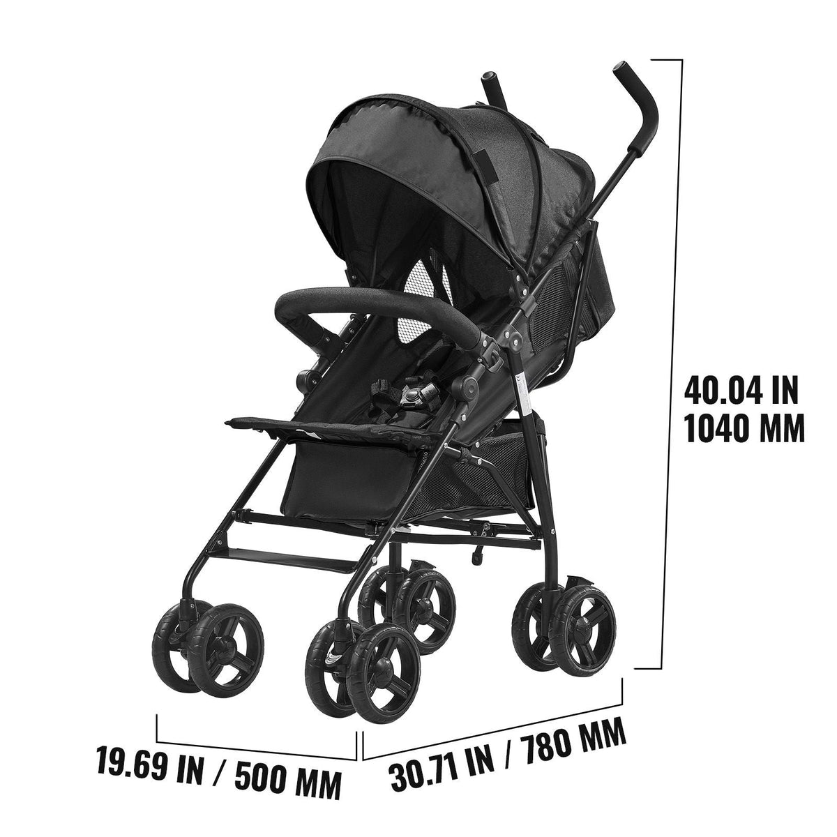 Lightweight Stroller, Compact Easy Fold MultiPosition Recline Canopy Backrest, Carbon Steel Frame, Large Storage Basket,Cup Holder, Umbrella Toddler Baby Stroller for Travel and More, Black