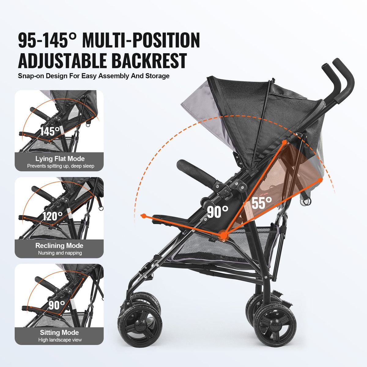 Lightweight Stroller, Compact Easy Fold MultiPosition Recline Canopy Backrest, Carbon Steel Frame, Large Storage Basket,Cup Holder, Umbrella Toddler Baby Stroller for Travel, Light Gray/Black