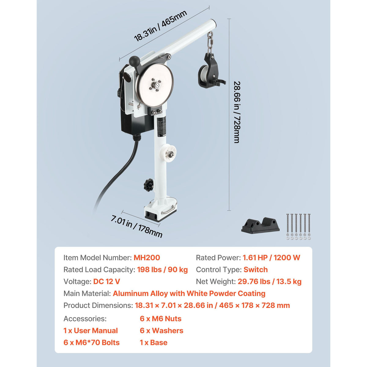 Line Hauler Pot Puller, 12V DC 1200W, Line Hauler Winch Holds 198 lbs Lift Capacity, Line Speed of 115 ft/min, 360 degree Rotation & Corrosion-Resistant, Crab Pot Puller