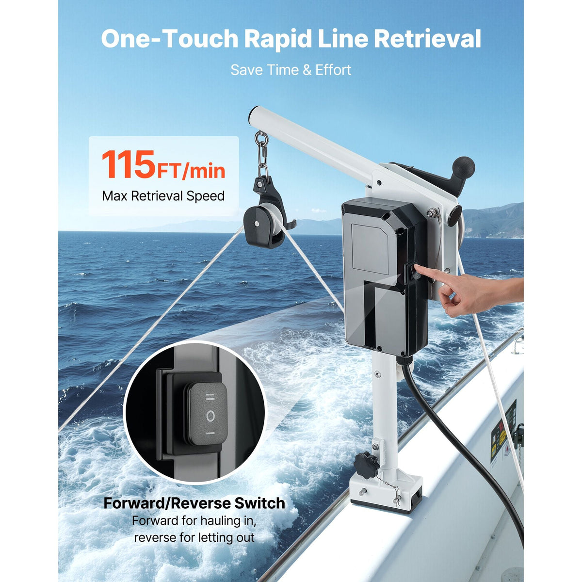 Line Hauler Pot Puller, 12V DC 1200W, Line Hauler Winch Holds 198 lbs Lift Capacity, Line Speed of 115 ft/min, 360 degree Rotation & Corrosion-Resistant, Crab Pot Puller