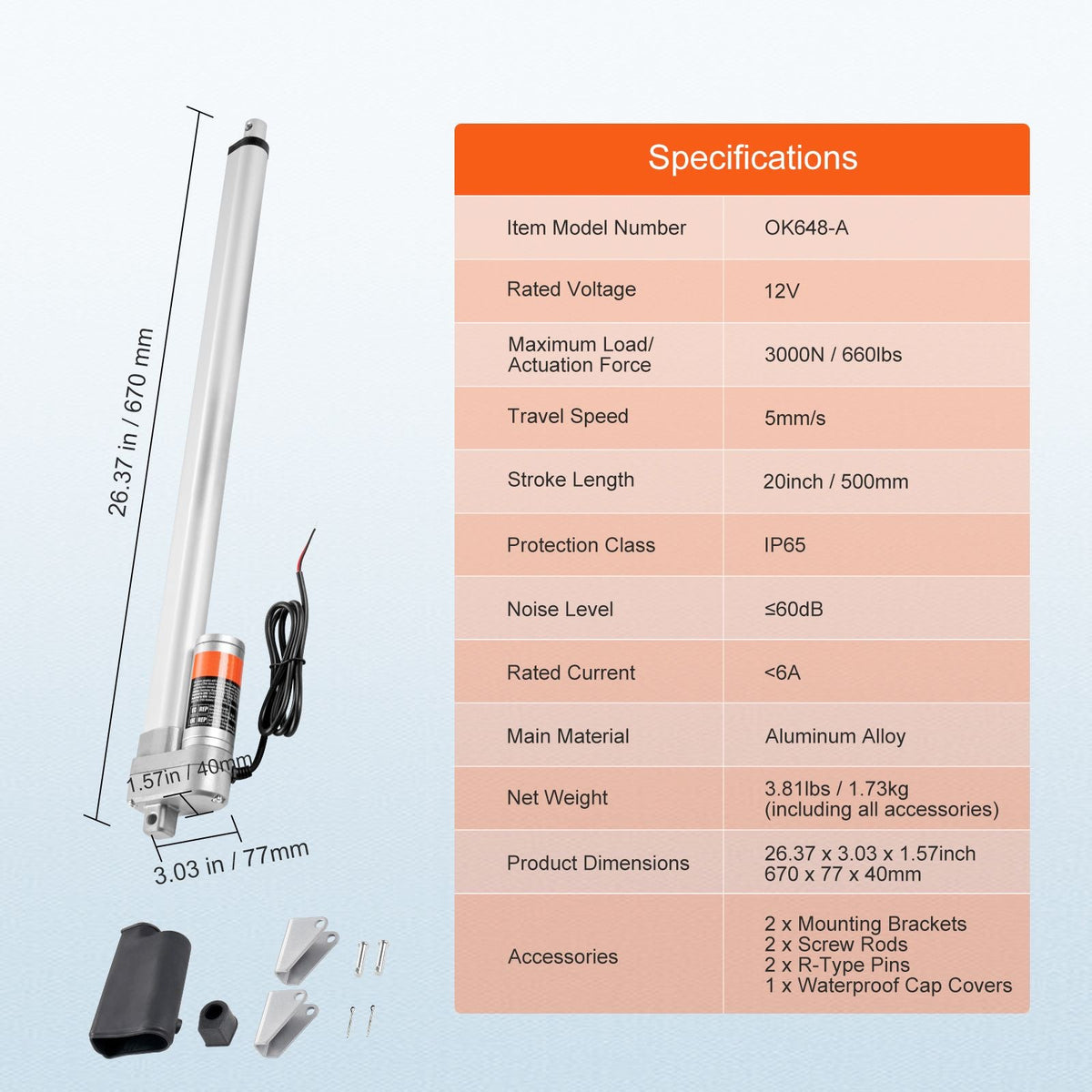 Linear Actuator 12V, 20 Inch Waterproof IP65 Linear Actuator, 660lbs/3000N 0.19"/s Linear Motion Actuator with Mounting Bracket for Outdoor Use