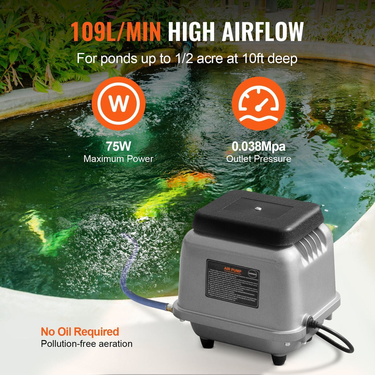Linear Air Pump, 109L/Min Air Flow Septic Aerator Pump, Aeration System for 1/2 Acre 10 FT Deep Ponds, Water Gardens, Waste Treatments, Septic Tanks, Aquariums, Seafood Restaurants, Fish Farms