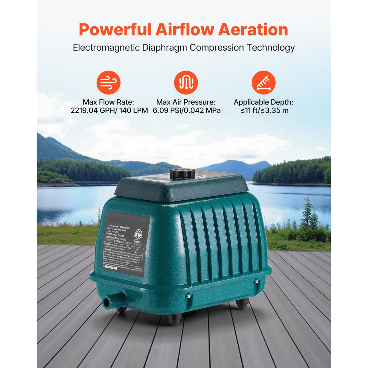 Linear Air Pump, 2219.04 GPH Air Flow, Septic Aerator Pump, Aeration System for 11 ft Deep Ponds, Fit for Septic Tanks, Aquariums, Waste Treatment, Seafood Restaurants, Fish Farms, Hydroponics