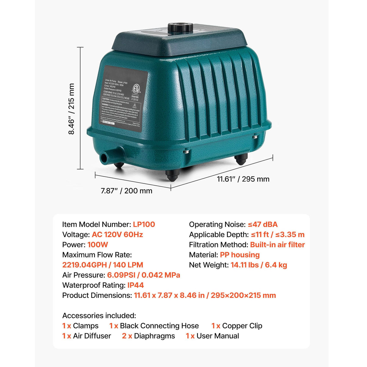 Linear Air Pump, 2219.04 GPH Air Flow, Septic Aerator Pump, Aeration System for 11 ft Deep Ponds, Fit for Septic Tanks, Aquariums, Waste Treatment, Seafood Restaurants, Fish Farms, Hydroponics