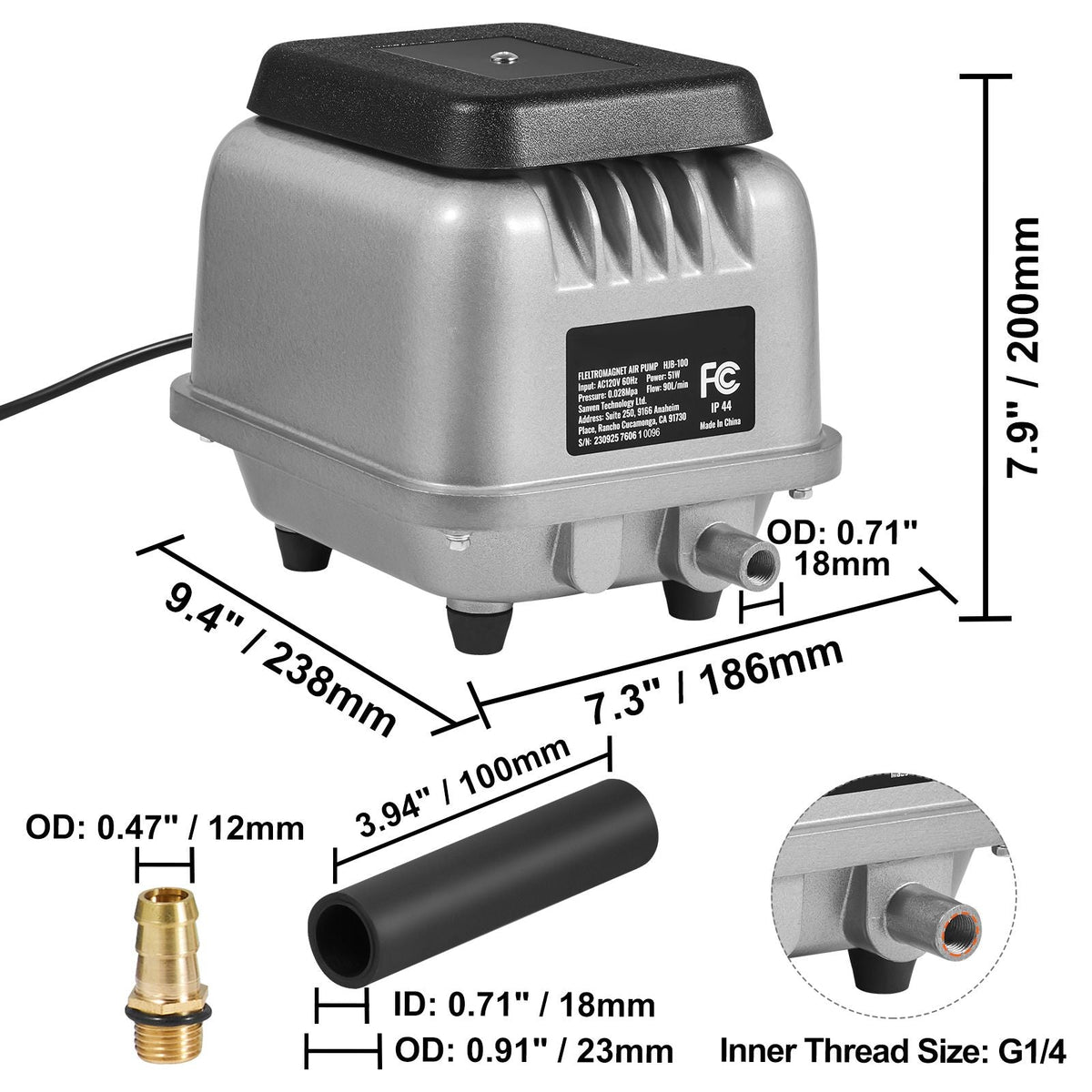 Linear Air Pump, 90L/Min Air Flow Septic Aerator Pump, Aeration System for 1/4 Acre 10 FT Deep Ponds, Water Gardens, Waste Treatment, Septic Tanks, Aquariums, Seafood Restaurants, Fish Farms