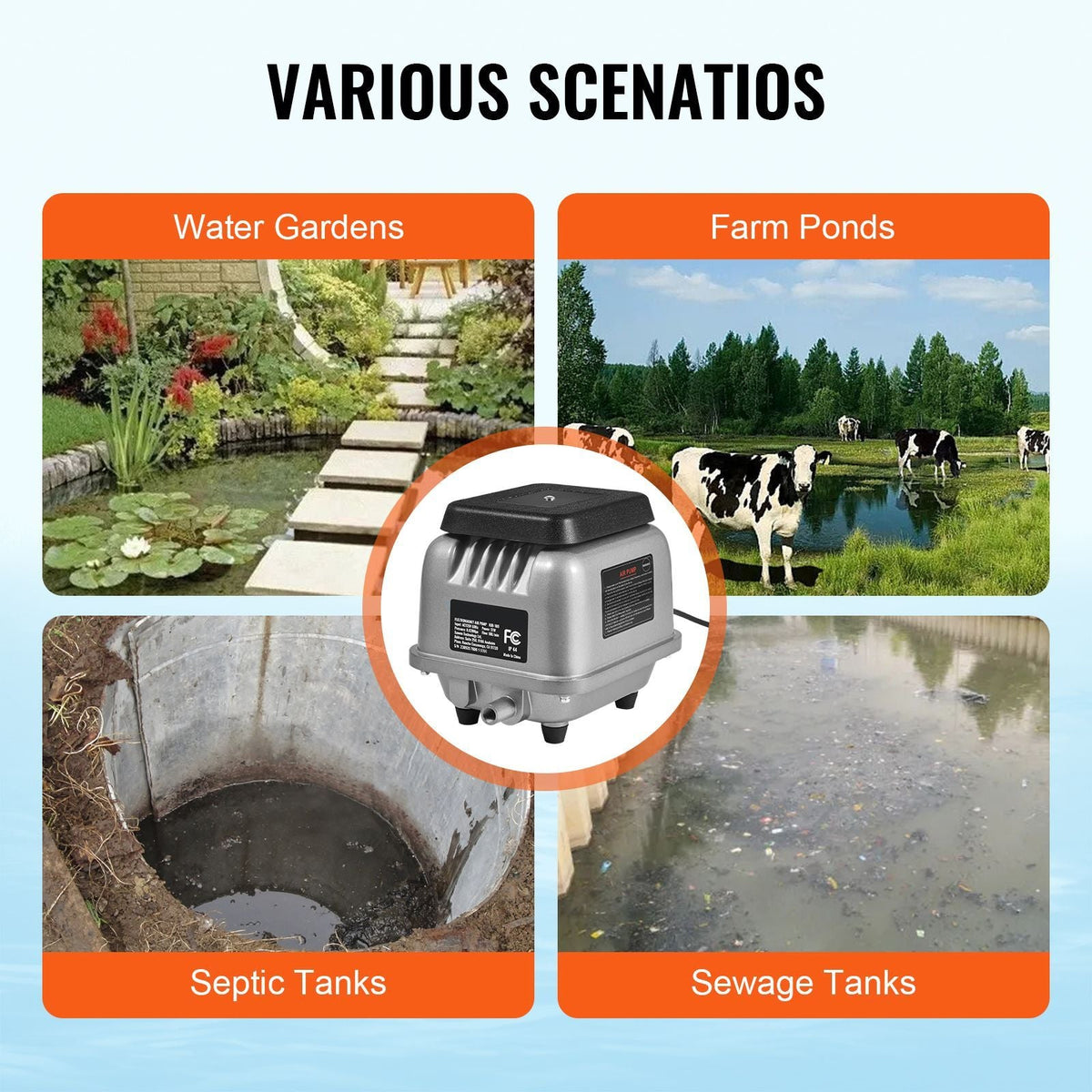Linear Air Pump, 90L/Min Air Flow Septic Aerator Pump, Aeration System for 1/4 Acre 10 FT Deep Ponds, Water Gardens, Waste Treatment, Septic Tanks, Aquariums, Seafood Restaurants, Fish Farms