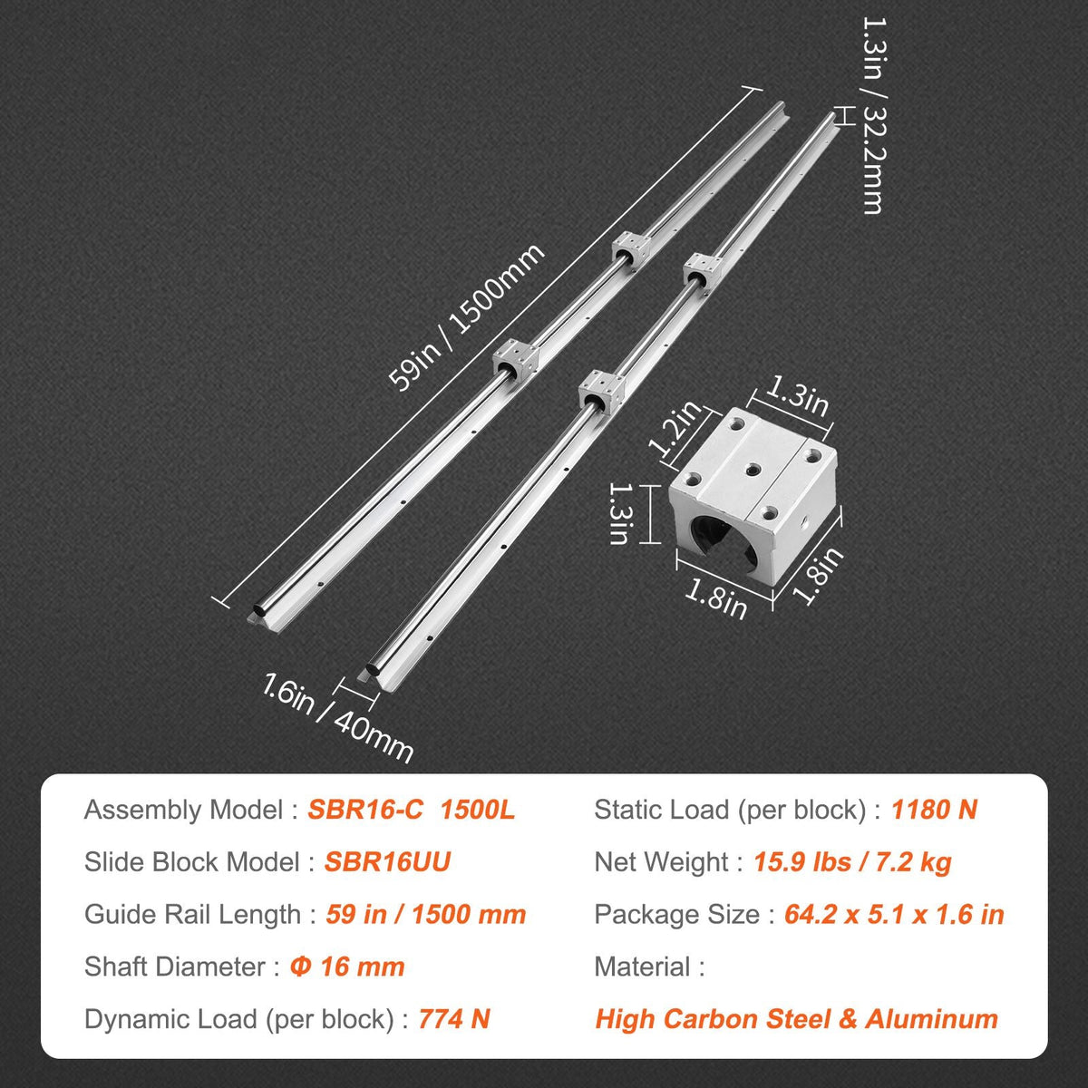Linear Guide Rail Set, SBR16 1500mm, 2 PCS 59 in/1500 mm SBR16 Guide Rails and 4 PCS SBR16UU Slide Blocks, Linear Rails and Bearings Kit for Automated Machines DIY Project CNC Router Machines