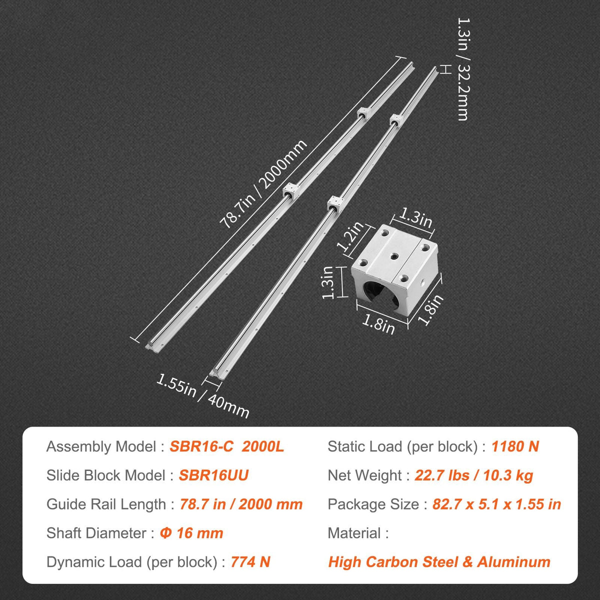 Linear Guide Rail Set, SBR16 2000mm, 2 PCS 78.7 in/2000 mm SBR16 Guide Rails and 4 PCS SBR16UU Slide Blocks, Linear Rails and Bearings Kit for Automated Machines DIY Project CNC Router Machines