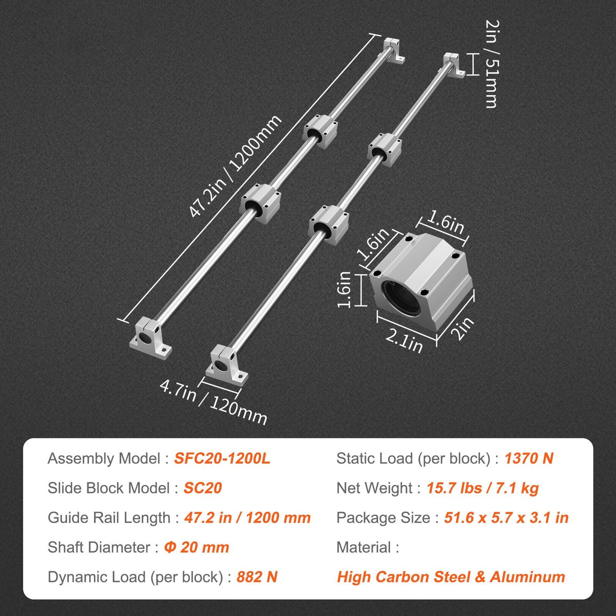 Linear Guide Rail Set, SFC20 1200 mm, 2 PCS 47.2 in/1200 mm SFC20 Guide Rails 4 PCS SC20 Slide Blocks 4 PCS Rail Supports, Linear Rails and Bearings Kit for Automated Machines CNC DIY Project