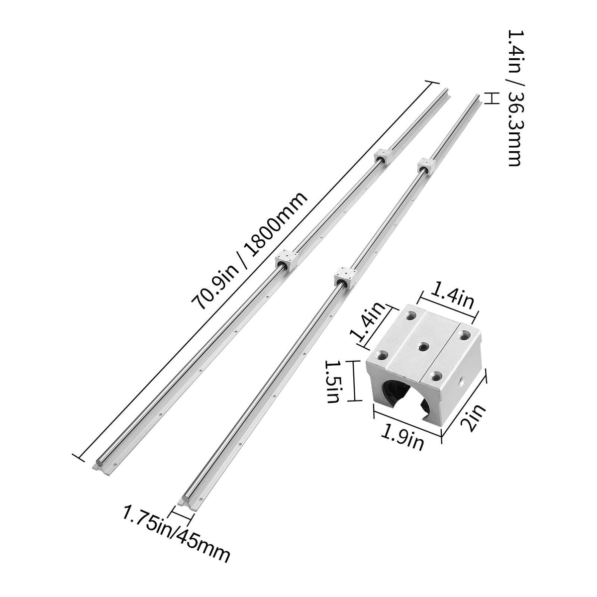 Linear Motion Guide Kit, SBR20 1800mm, Includes 2 PCS 70.9 in/1800 mm SBR20 Rails and 4 PCS SBR20UU Bearing Blocks, Ideal for CNC Machines, Automation Equipment, and DIY Projects